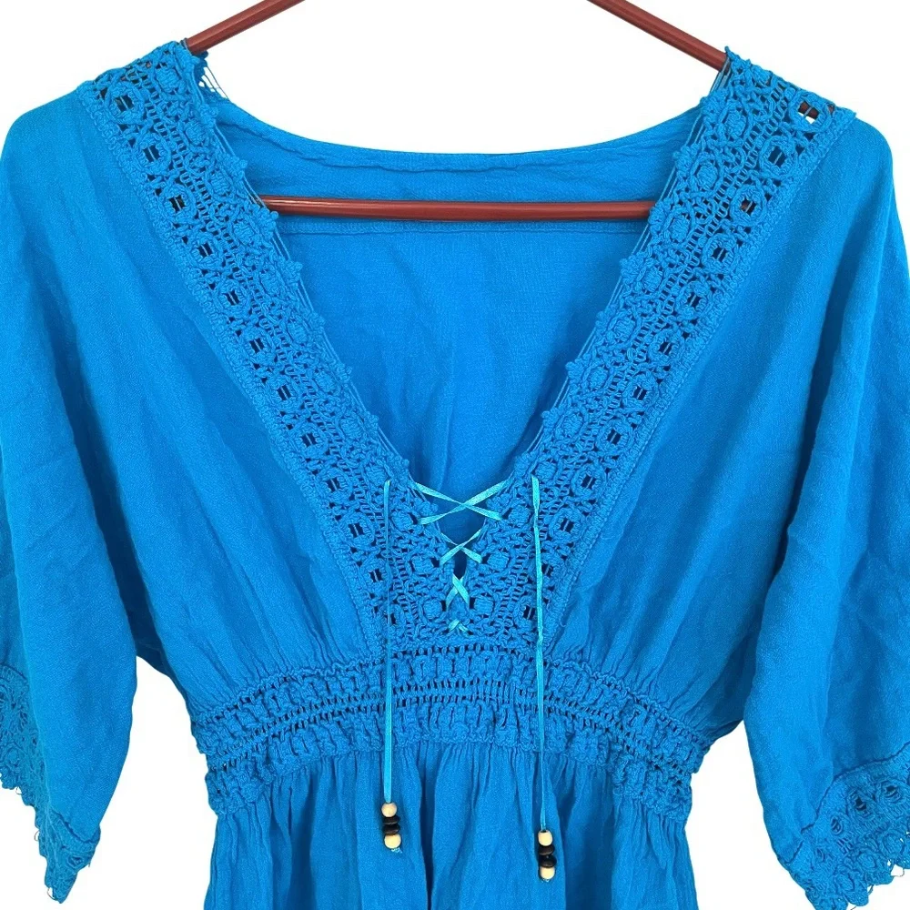 Blue Swim Cover Up Dress Womens S Lace Trim Beaded Ties Elastic Waist Beach Pool - Picture 3 of 7